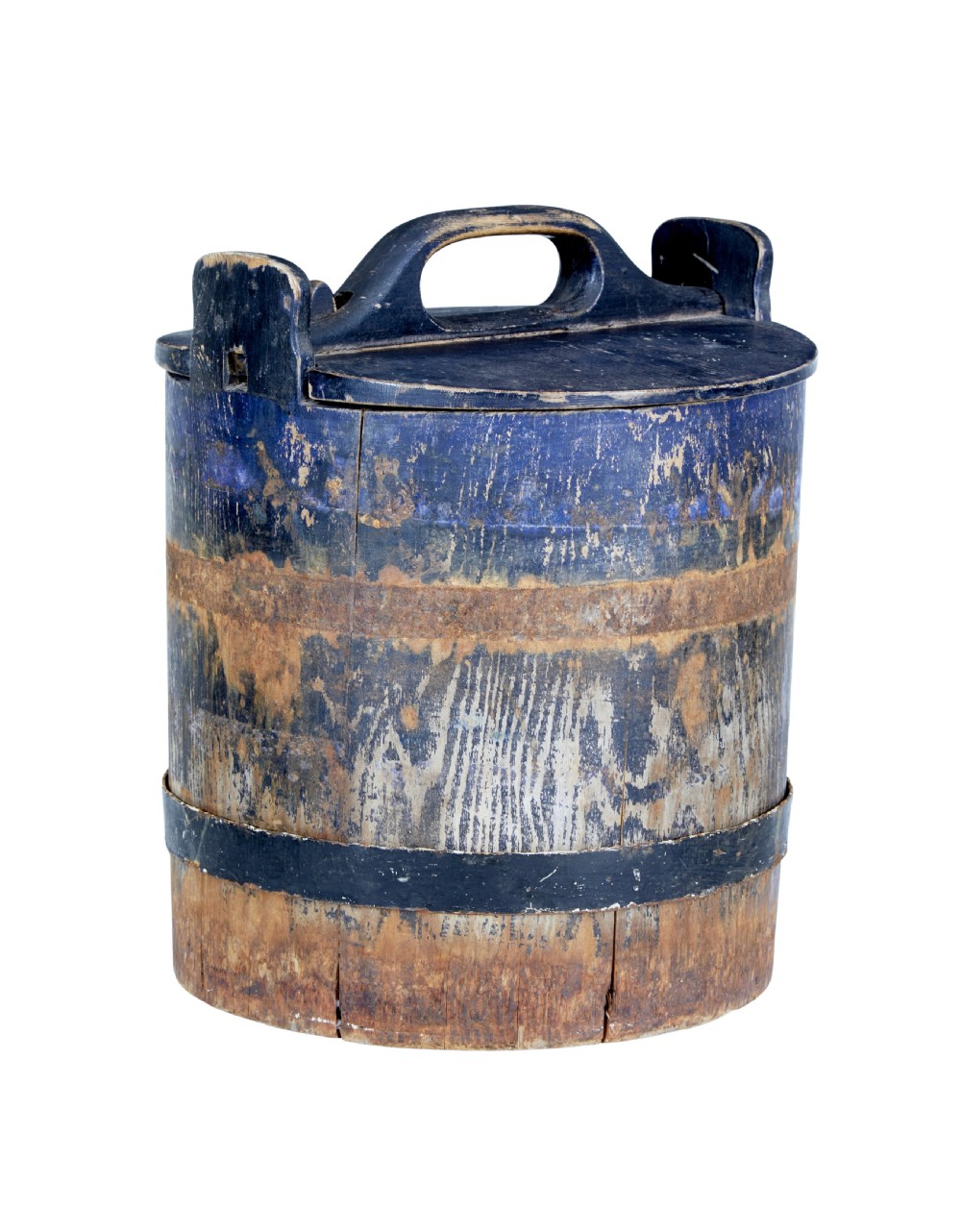 A mid-19th-century Swedish pine storage container featuring a distressed blue painted finish, stave construction, and an arched wooden top handle. View II