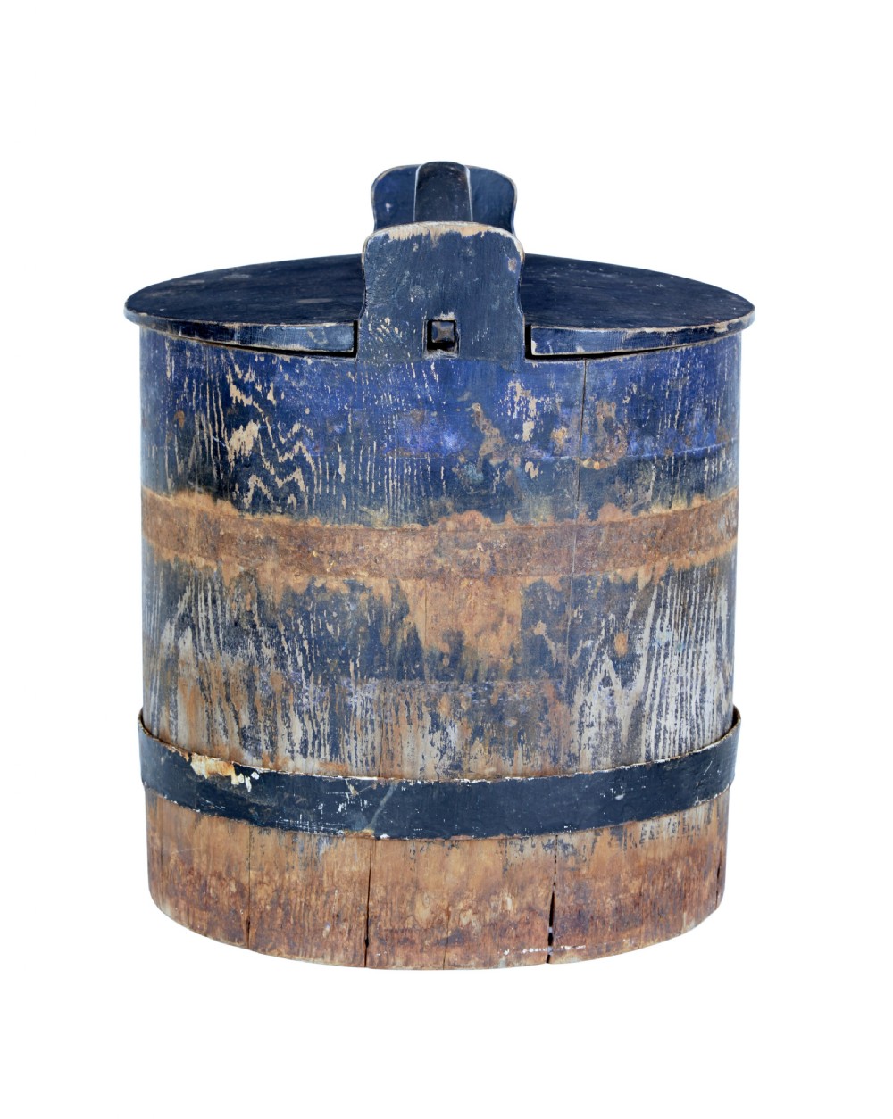 A mid-19th-century Swedish pine storage container featuring a distressed blue painted finish, stave construction, and an arched wooden top handle. View III