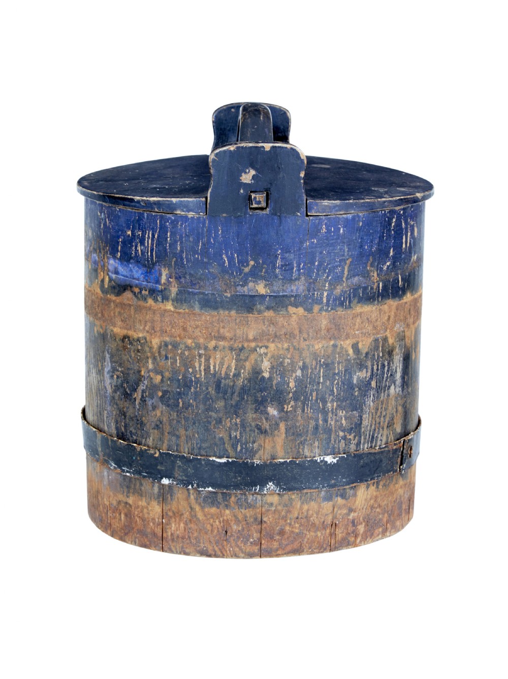A mid-19th-century Swedish pine storage container featuring a distressed blue painted finish, stave construction, and an arched wooden top handle. View IV