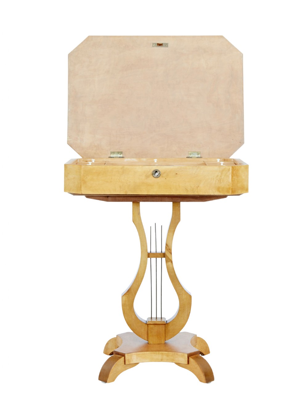 A 19th-century Swedish satin birch occasional table featuring a lyre-shaped pedestal base, a single drawer with a key, and a quadruped plinth. View III