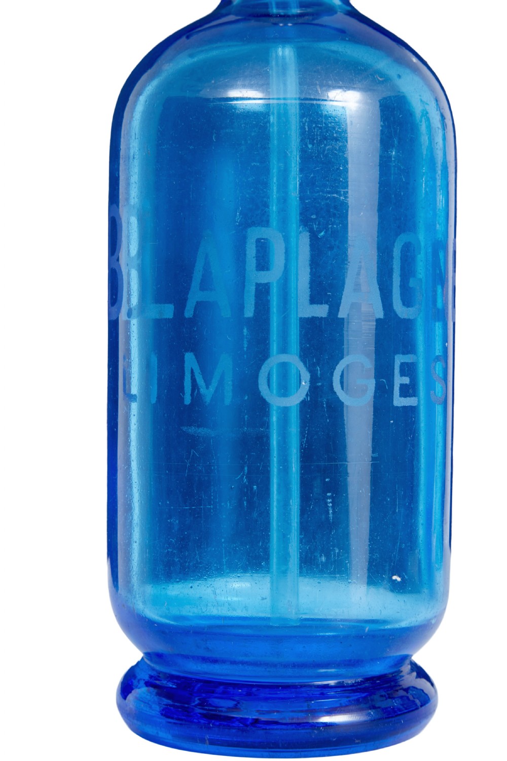 A set of four early twentieth-century French bright blue etched glass soda syphons with grey metal tops. View V