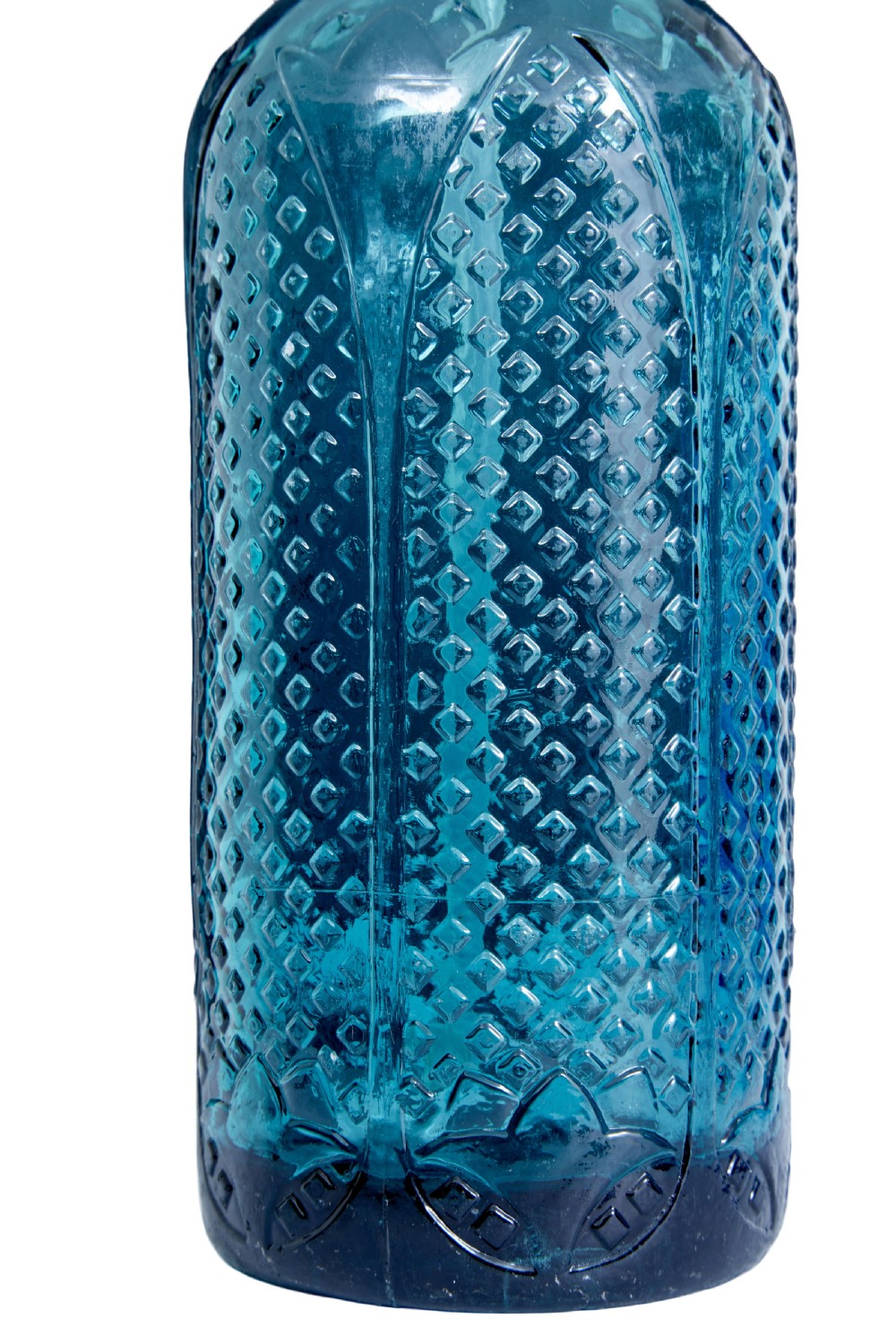 A set of four early twentieth-century French bright blue etched glass soda syphons with grey metal tops. View VI