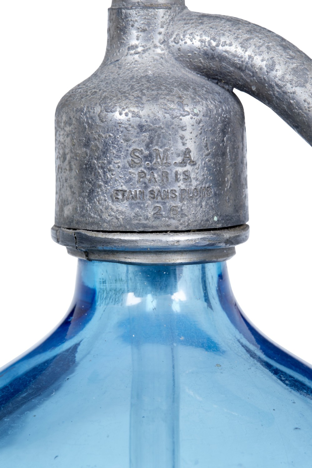 A set of four early twentieth-century French bright blue etched glass soda syphons with grey metal tops. View IX