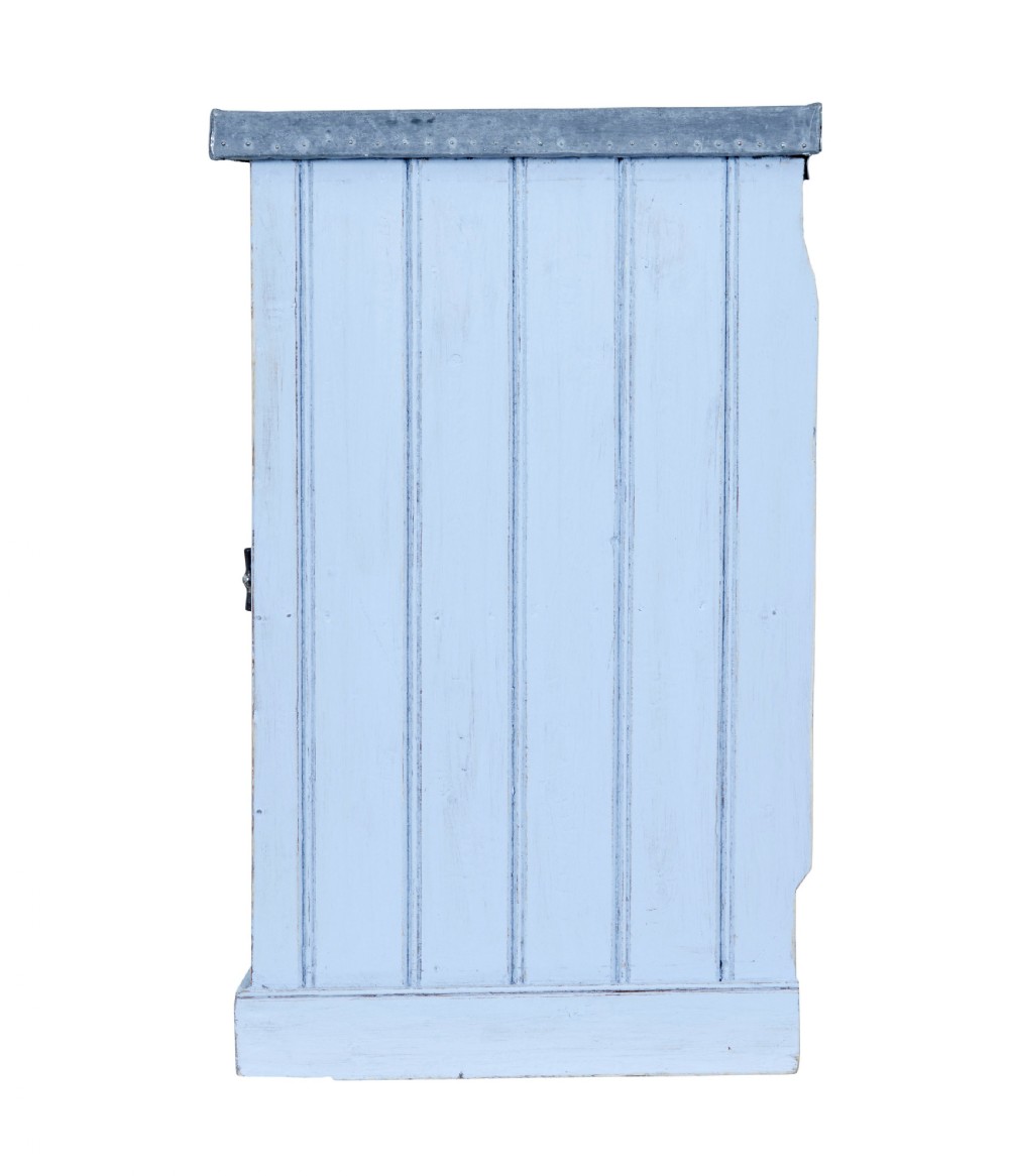 A 19th-century rustic light blue painted pine washstand featuring double planked doors with turn-latch handles and a metal-bound top. View V