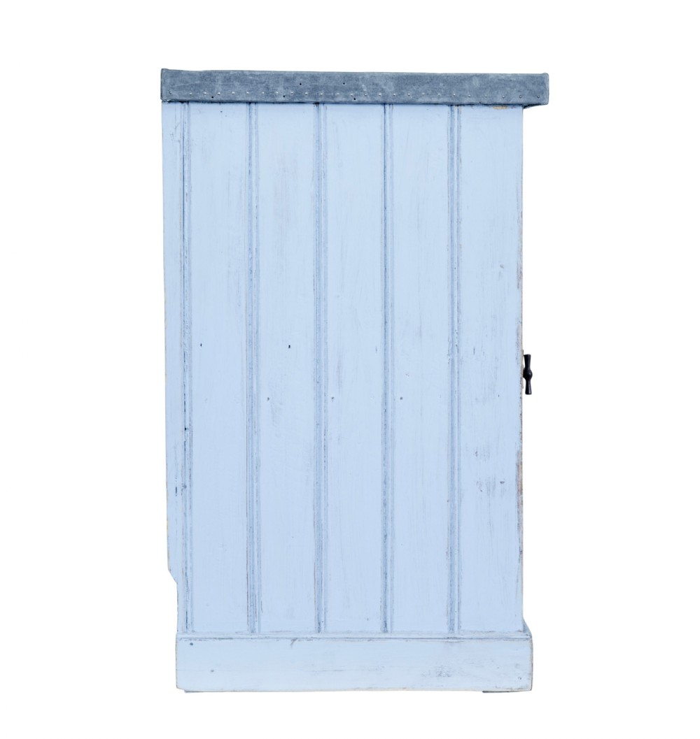 A 19th-century rustic light blue painted pine washstand featuring double planked doors with turn-latch handles and a metal-bound top. View VII