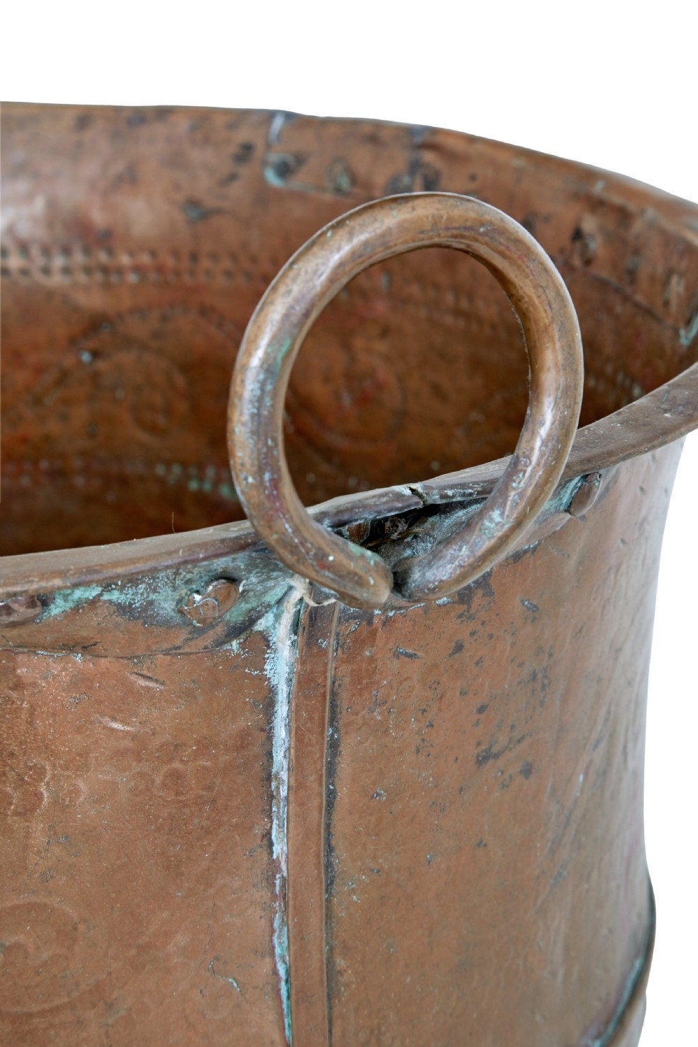 A large 19th-century copper pot with embossed spiral patterns, riveted side seams, a wide flared rim, and two round metal ring handles. View IV