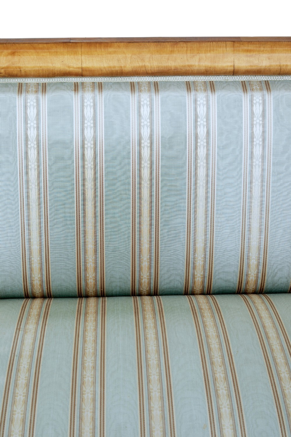 A 19th-century Swedish carved birch sofa featuring scrolled arms, floral rosettes, swept feet, and light blue and white striped upholstery. View VII