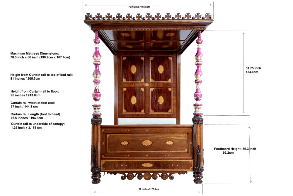A nineteenth-century mahogany four-poster bed frame featuring carved posts with pink porcelain sections, marquetry panelling, and an ornate trefoil canopy trim. View III