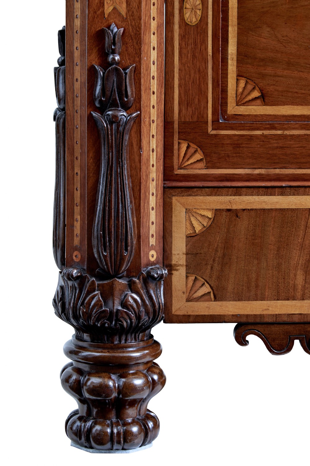A nineteenth-century mahogany four-poster bed frame featuring carved posts with pink porcelain sections, marquetry panelling, and an ornate trefoil canopy trim. View IX