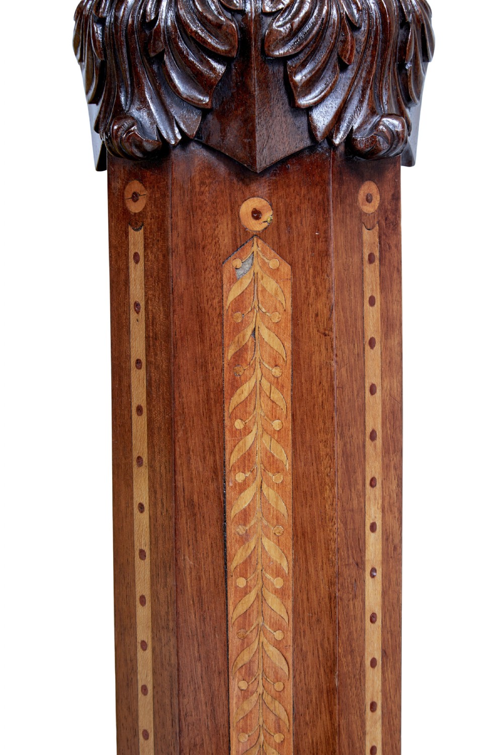 A nineteenth-century mahogany four-poster bed frame featuring carved posts with pink porcelain sections, marquetry panelling, and an ornate trefoil canopy trim. View XXII