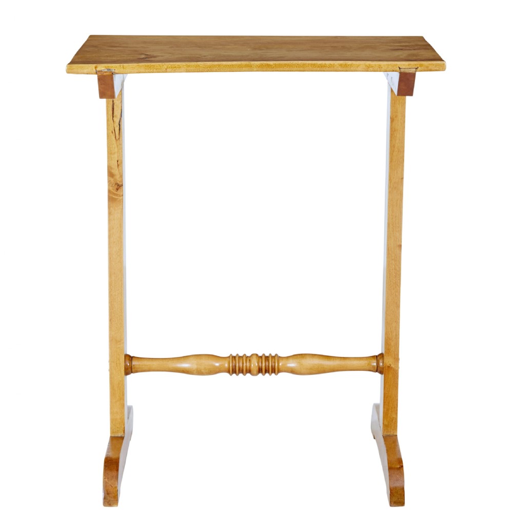 A tall Swedish early 20th-century birch side table featuring a rectangular top, two upright supports, and a central turned cross-stretcher. View II