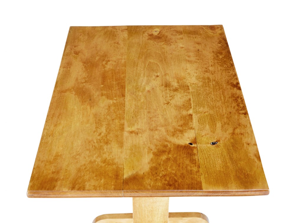 A tall Swedish early 20th-century birch side table featuring a rectangular top, two upright supports, and a central turned cross-stretcher. View V