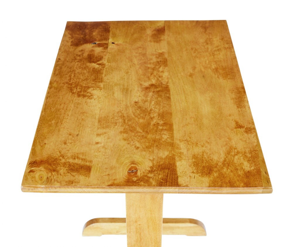 A tall Swedish early 20th-century birch side table featuring a rectangular top, two upright supports, and a central turned cross-stretcher. View VI