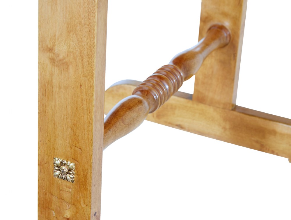 A tall Swedish early 20th-century birch side table featuring a rectangular top, two upright supports, and a central turned cross-stretcher. View VII