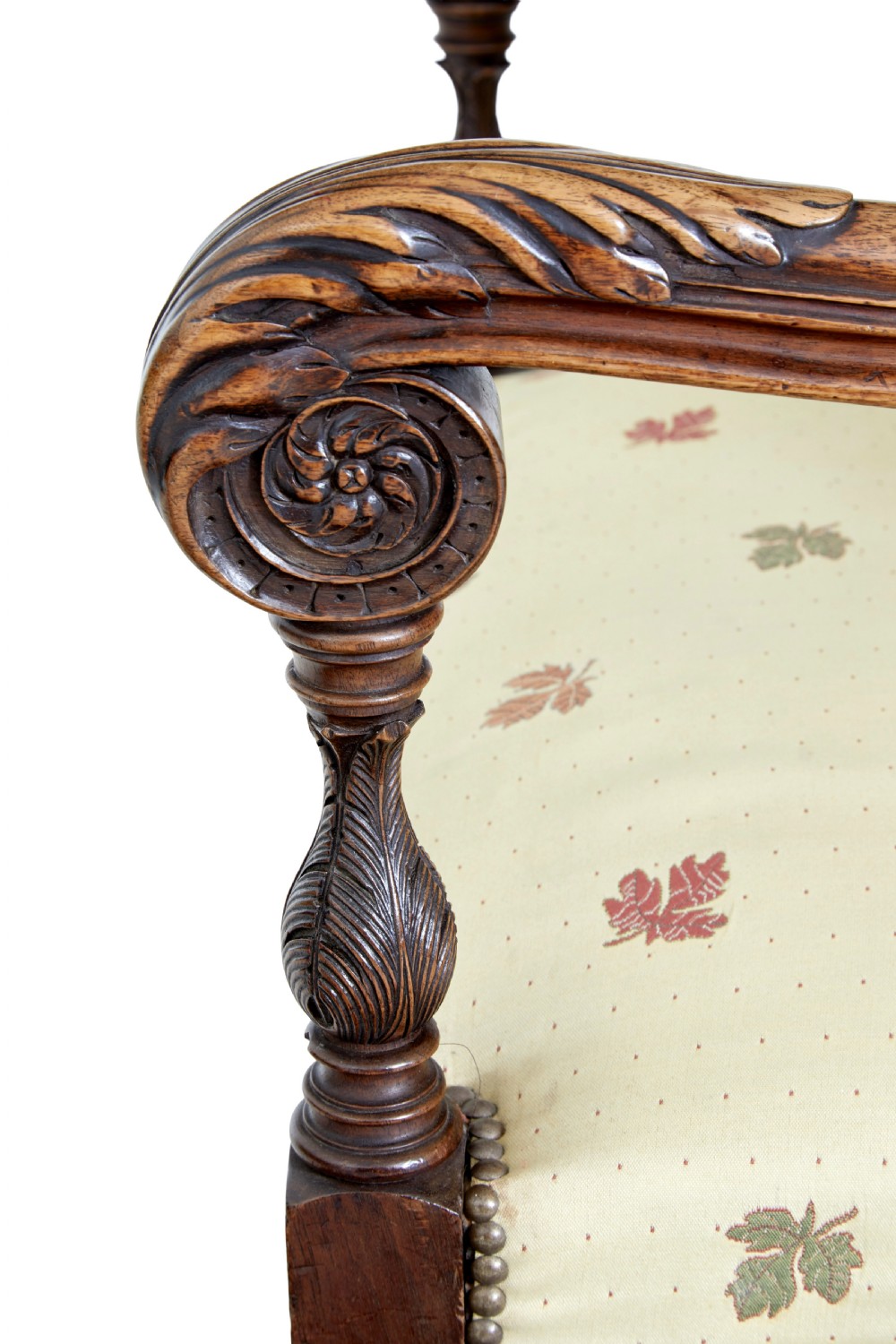 Pair of 19th-century French carved walnut armchairs with high rectangular backs, scroll arms, and cream leaf-patterned upholstery. View IV