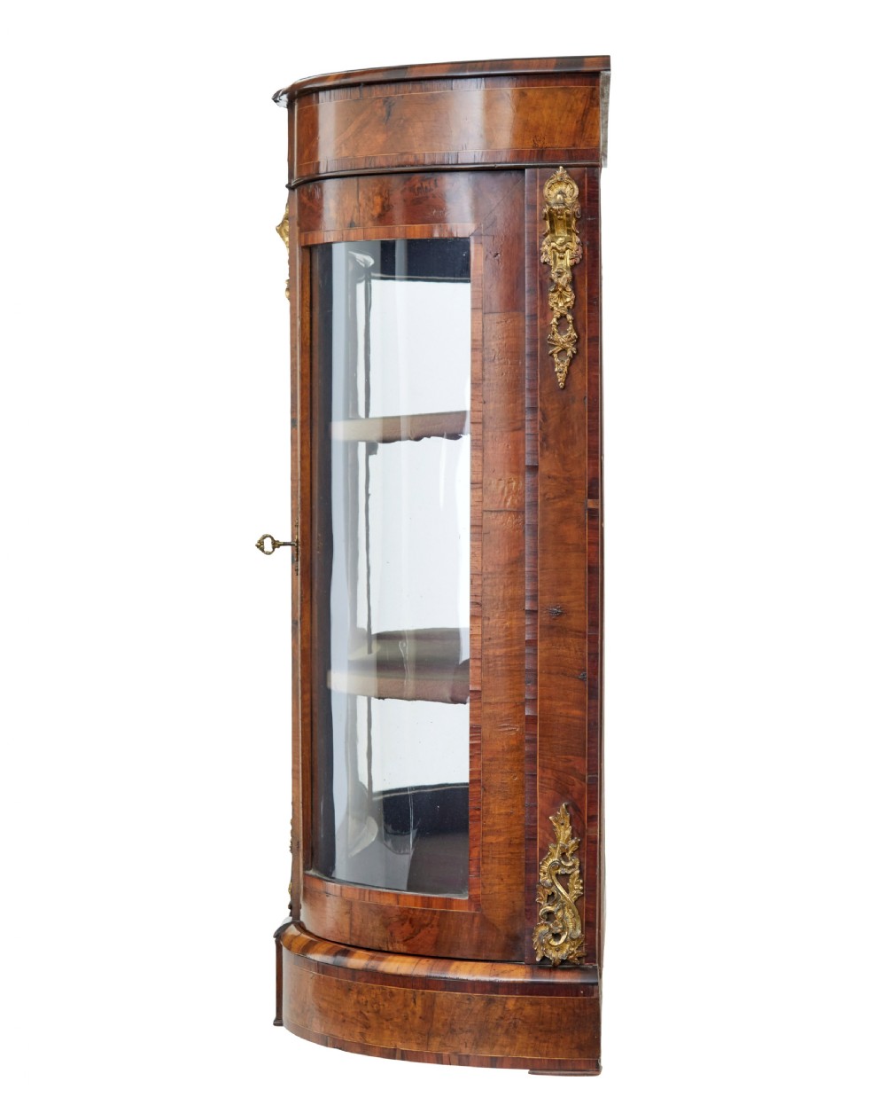 A 19th-century Victorian burr walnut glazed credenza featuring curved glass side doors and decorative gilt metal mounts. View IV