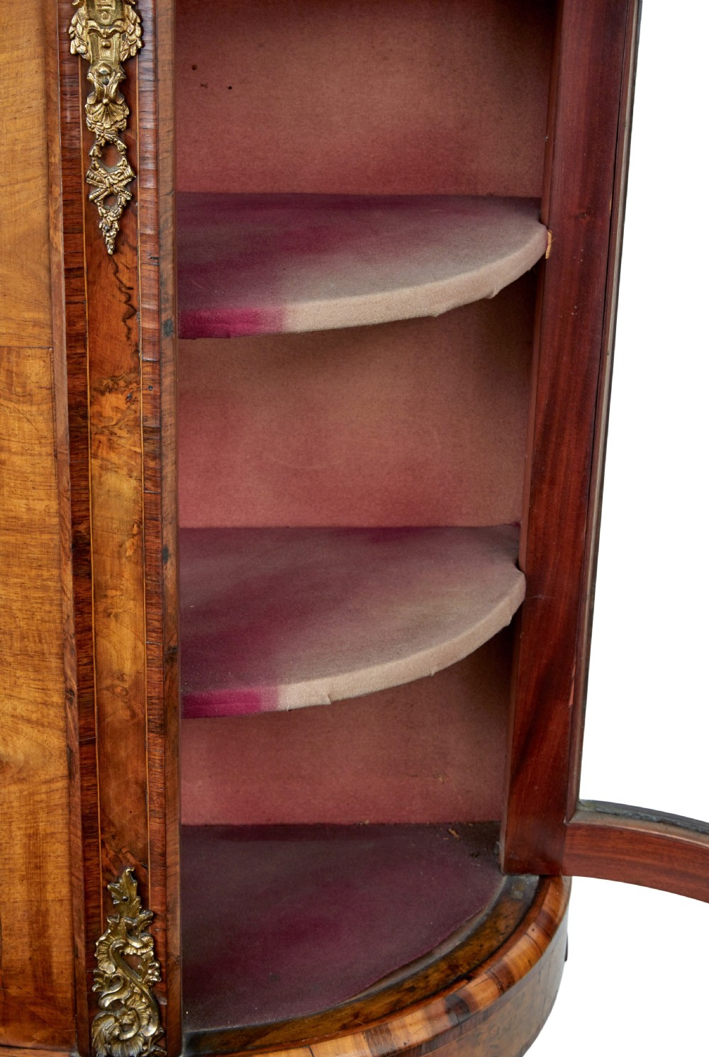 A 19th-century Victorian burr walnut glazed credenza featuring curved glass side doors and decorative gilt metal mounts. View VII
