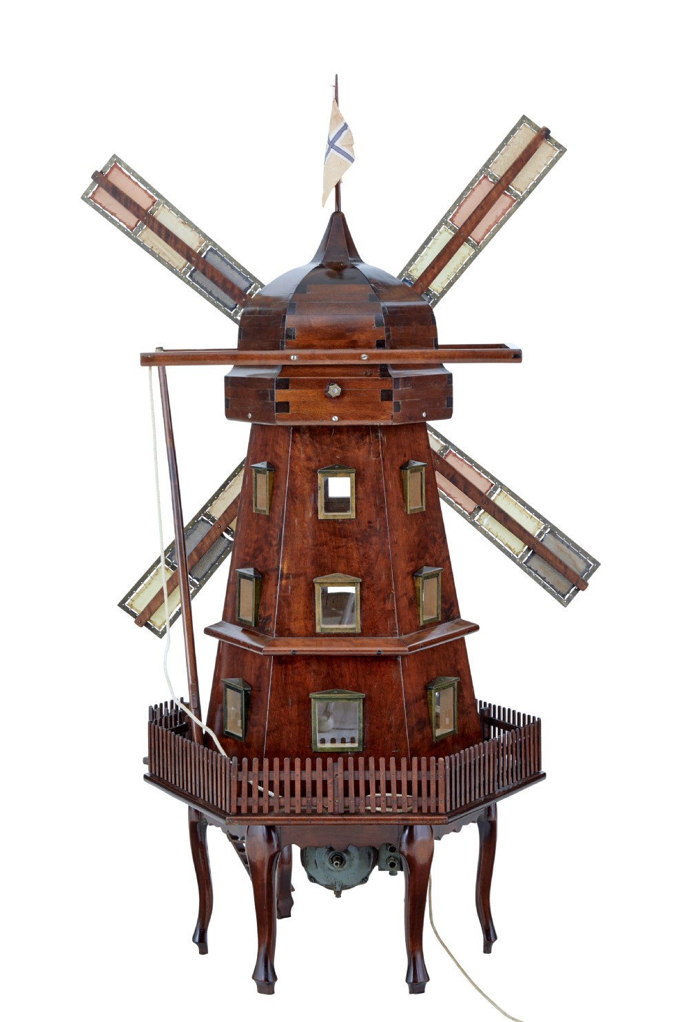 An early twentieth-century wooden scale model of a Dutch windmill, featuring multi-pane sails, brass fittings, a railed balcony, and a wooden ladder. View IV