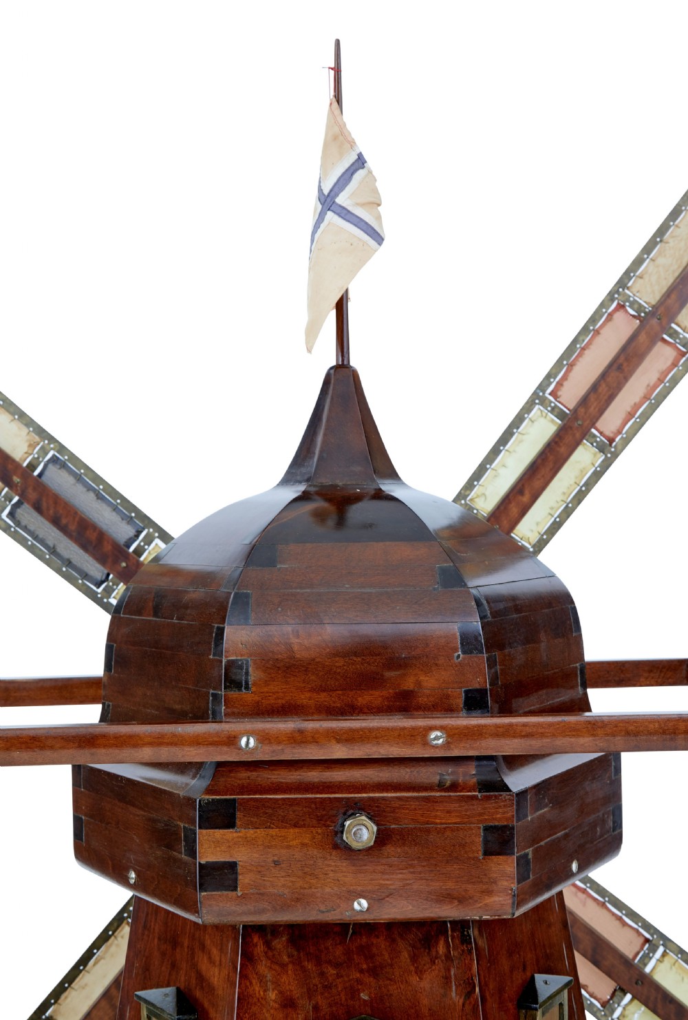 An early twentieth-century wooden scale model of a Dutch windmill, featuring multi-pane sails, brass fittings, a railed balcony, and a wooden ladder. View VI