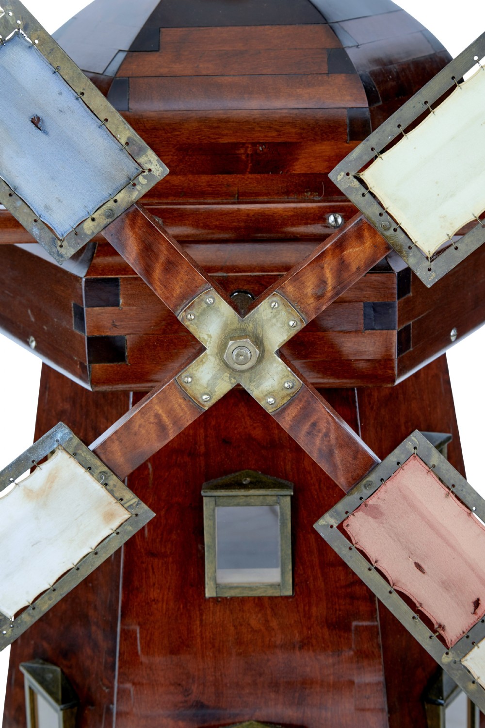 An early twentieth-century wooden scale model of a Dutch windmill, featuring multi-pane sails, brass fittings, a railed balcony, and a wooden ladder. View VIII