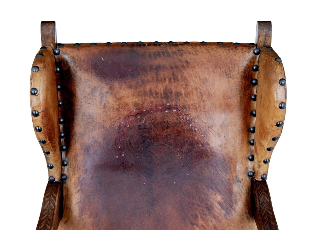PAIR OF 19TH CENTURY CARVED OAK AND LEATHER ARMCHAIRS View IV