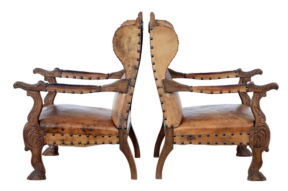 PAIR OF 19TH CENTURY CARVED OAK AND LEATHER ARMCHAIRS View VI