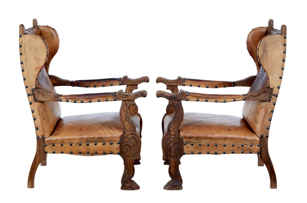 PAIR OF 19TH CENTURY CARVED OAK AND LEATHER ARMCHAIRS View VII