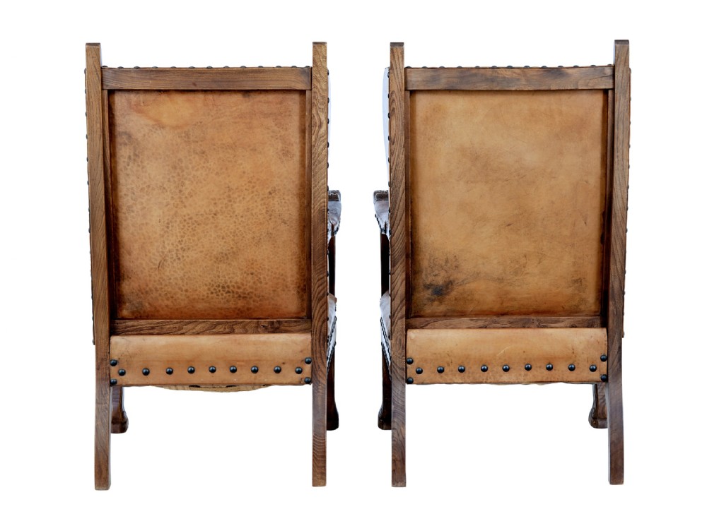 PAIR OF 19TH CENTURY CARVED OAK AND LEATHER ARMCHAIRS View VIII