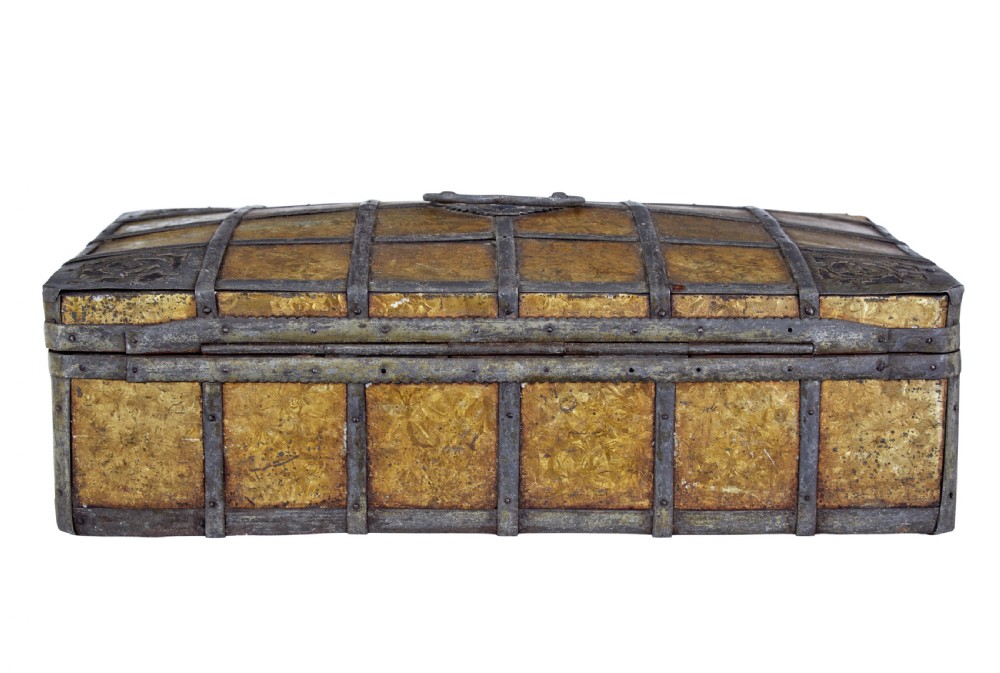 An eighteenth-century Scandinavian metal-bound box featuring an ochre patterned surface, wrought-iron strapping, double keyhole escutcheons with keys, and a top carrying handle. View IV