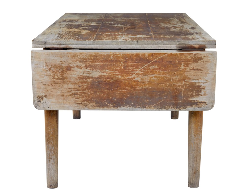 A long 19th-century Burmese teak table with a weathered brown finish and white hand-painted Burmese script across the front frieze. View IV