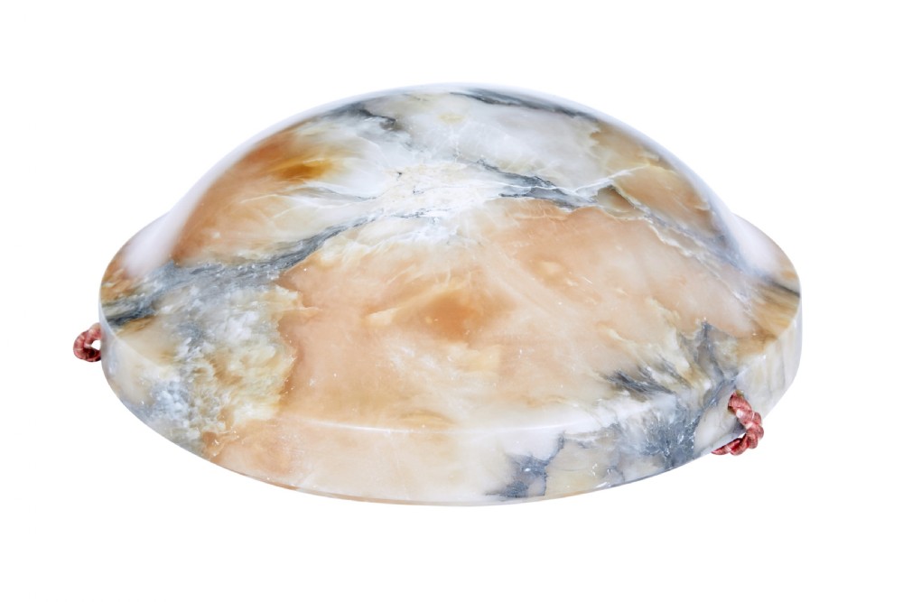 An Art Deco carved alabaster bowl pendant light with natural amber veining suspended by three braided cords from a central brass canopy. View III