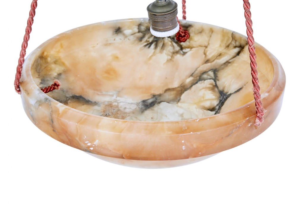 An Art Deco carved alabaster bowl pendant light with natural amber veining suspended by three braided cords from a central brass canopy. View IV
