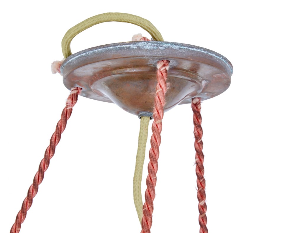 An Art Deco carved alabaster bowl pendant light with natural amber veining suspended by three braided cords from a central brass canopy. View V
