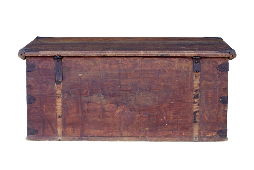 An early 19th-century Swedish pine blanket box featuring white hand-painted initials, the date 1816, star motifs, and hand-forged iron fittings. View V