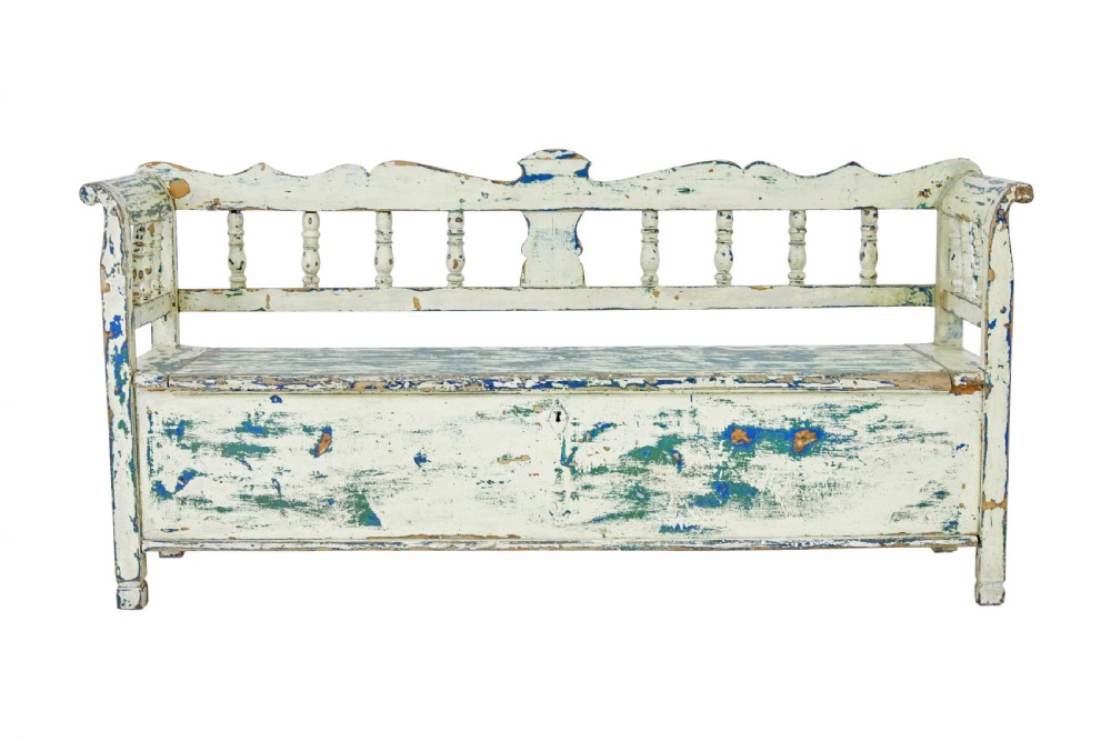 A 19th-century Swedish painted pine storage bench with distressed off-white and blue paint, spindle backrest, and box seat base. View II