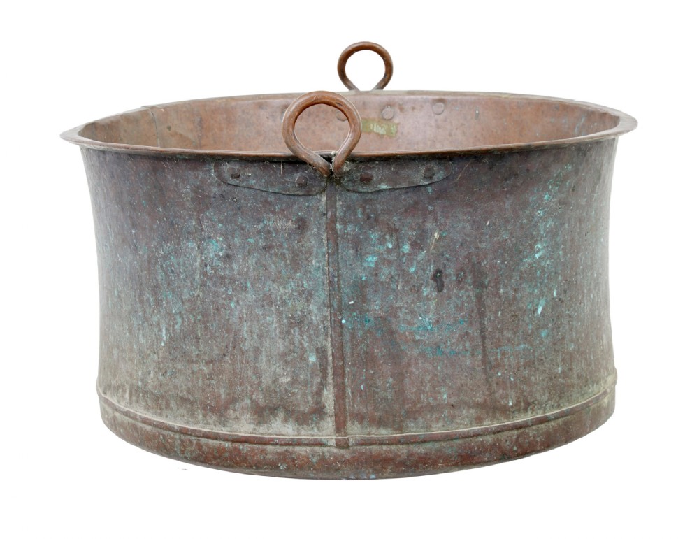 A large 19th-century cylindrical copper cooking pot featuring rolled rims, riveted side handles, and surface verdigris patina. View III