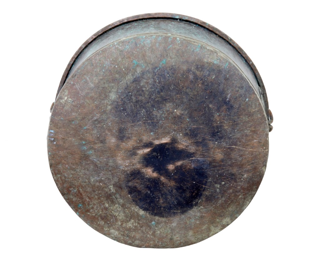A large 19th-century cylindrical copper cooking pot featuring rolled rims, riveted side handles, and surface verdigris patina. View V