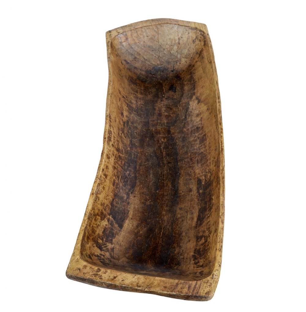 A long hand-carved wooden dugout trough featuring a weathered natural surface finish and chiselled interior. View II