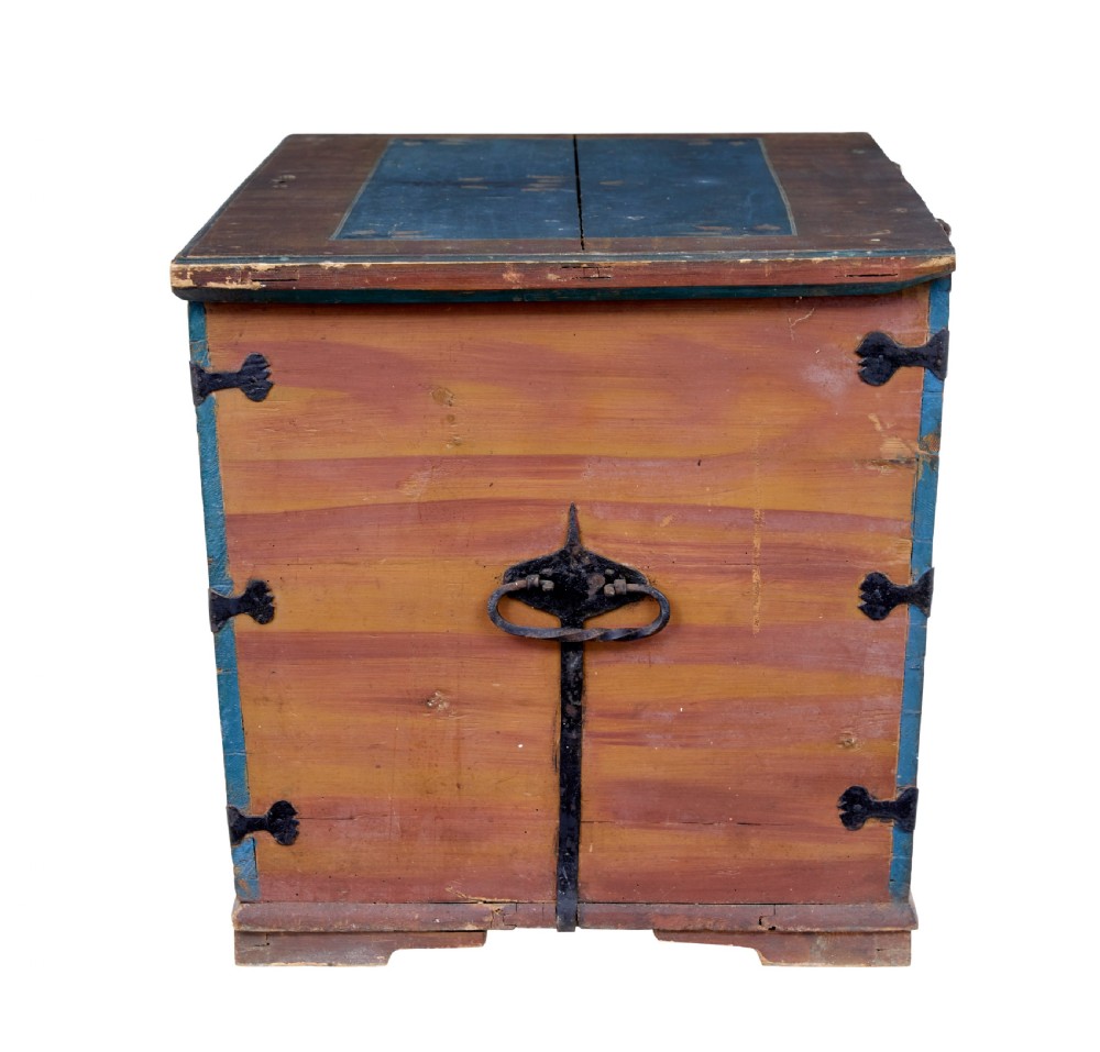 A mid-19th-century Swedish painted wooden coffer featuring blue centre panels decorated with a floral wreath and the date 1855, framed by terracotta borders and black wrought iron straps. View III