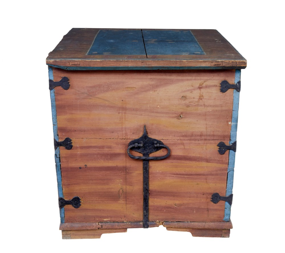 A mid-19th-century Swedish painted wooden coffer featuring blue centre panels decorated with a floral wreath and the date 1855, framed by terracotta borders and black wrought iron straps. View V