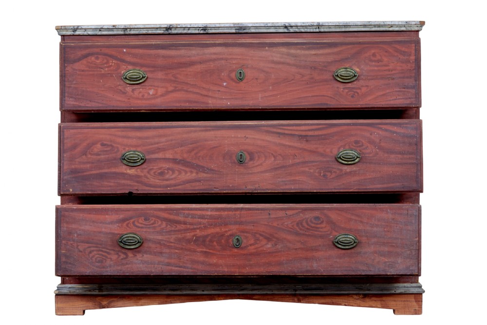 A nineteenth-century Swedish three-drawer chest featuring a reddish-brown faux-grain painted finish and oval brass handles. View VII