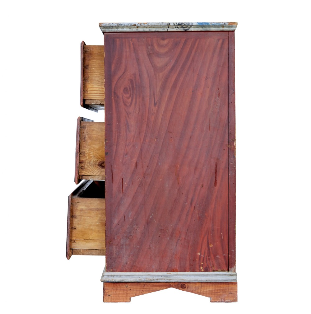 A nineteenth-century Swedish three-drawer chest featuring a reddish-brown faux-grain painted finish and oval brass handles. View VIII