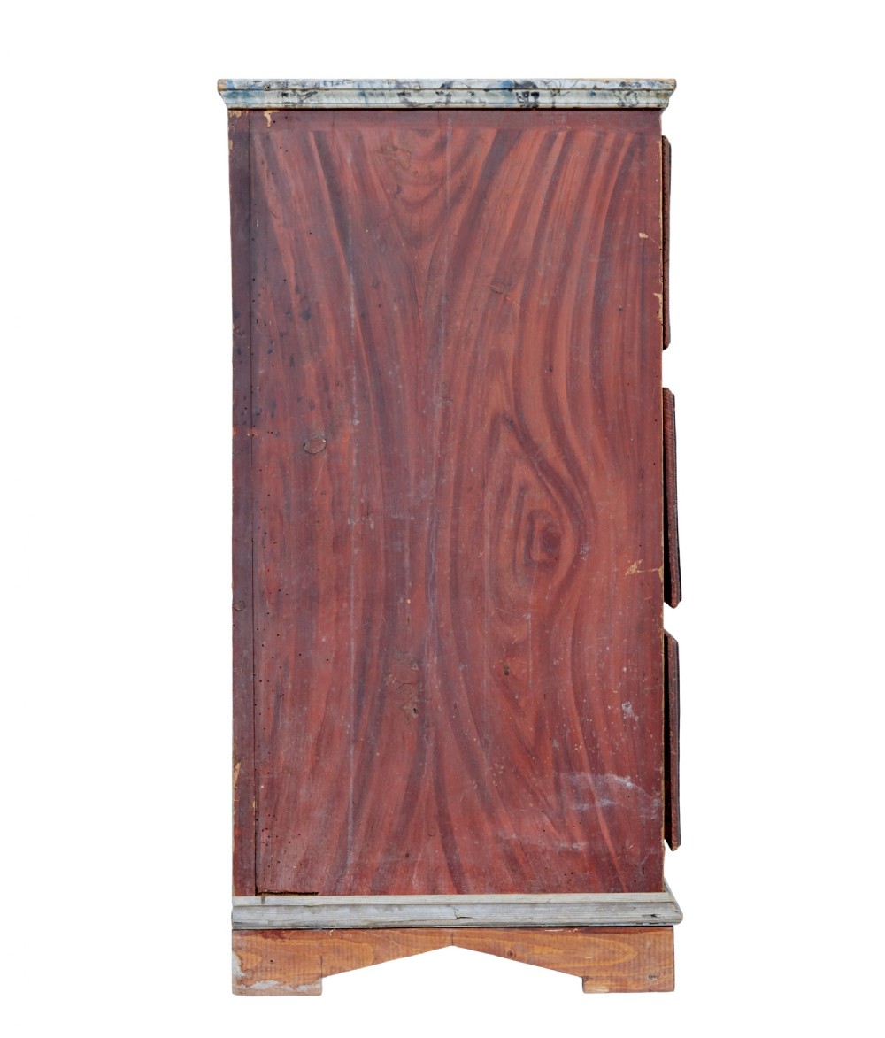 A nineteenth-century Swedish three-drawer chest featuring a reddish-brown faux-grain painted finish and oval brass handles. View IX