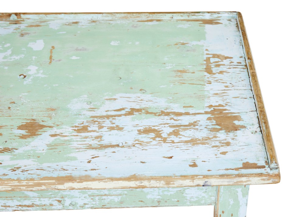 A 19th-century Swedish baking table featuring a pale green painted finish, a raised perimeter edge, and square legs connected by stretchers. View VIII