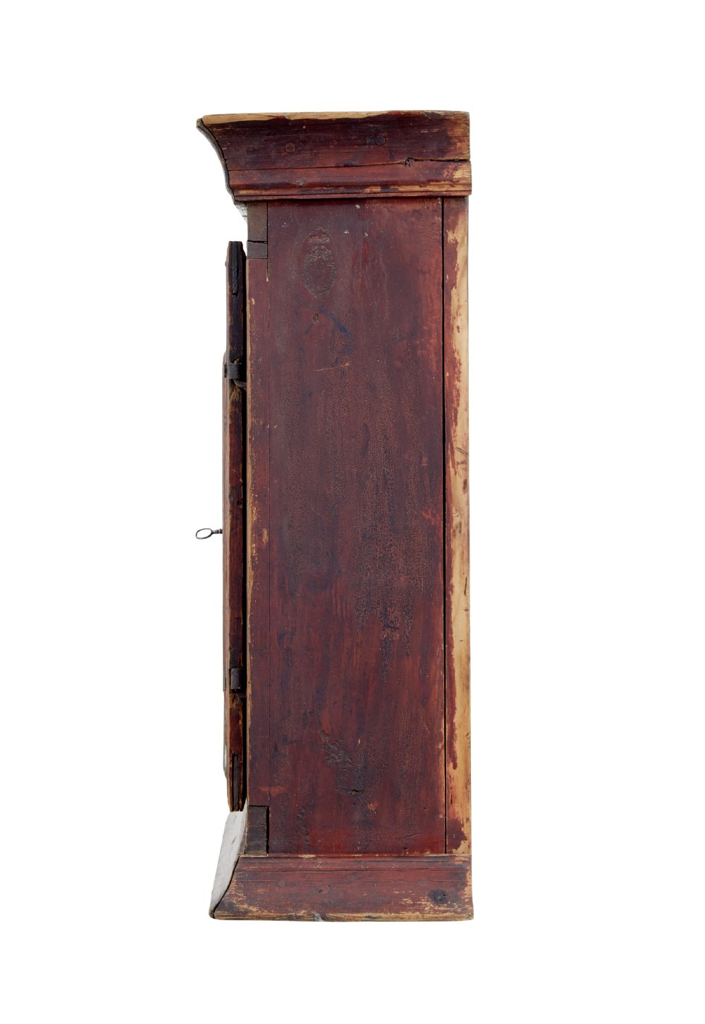 An early 19th-century Swedish painted pine wall cupboard featuring double panelled doors in a terracotta finish with moulded borders and central iron lock plate. View IV