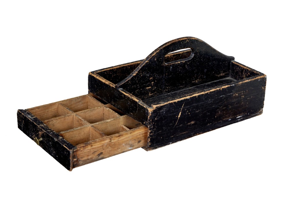A 19th-century black-painted pine cutlery box featuring a central cut-out carrying handle and two divided compartments. View II