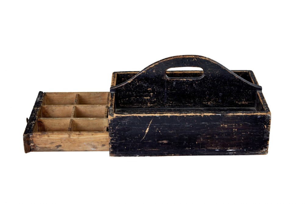 A 19th-century black-painted pine cutlery box featuring a central cut-out carrying handle and two divided compartments. View III