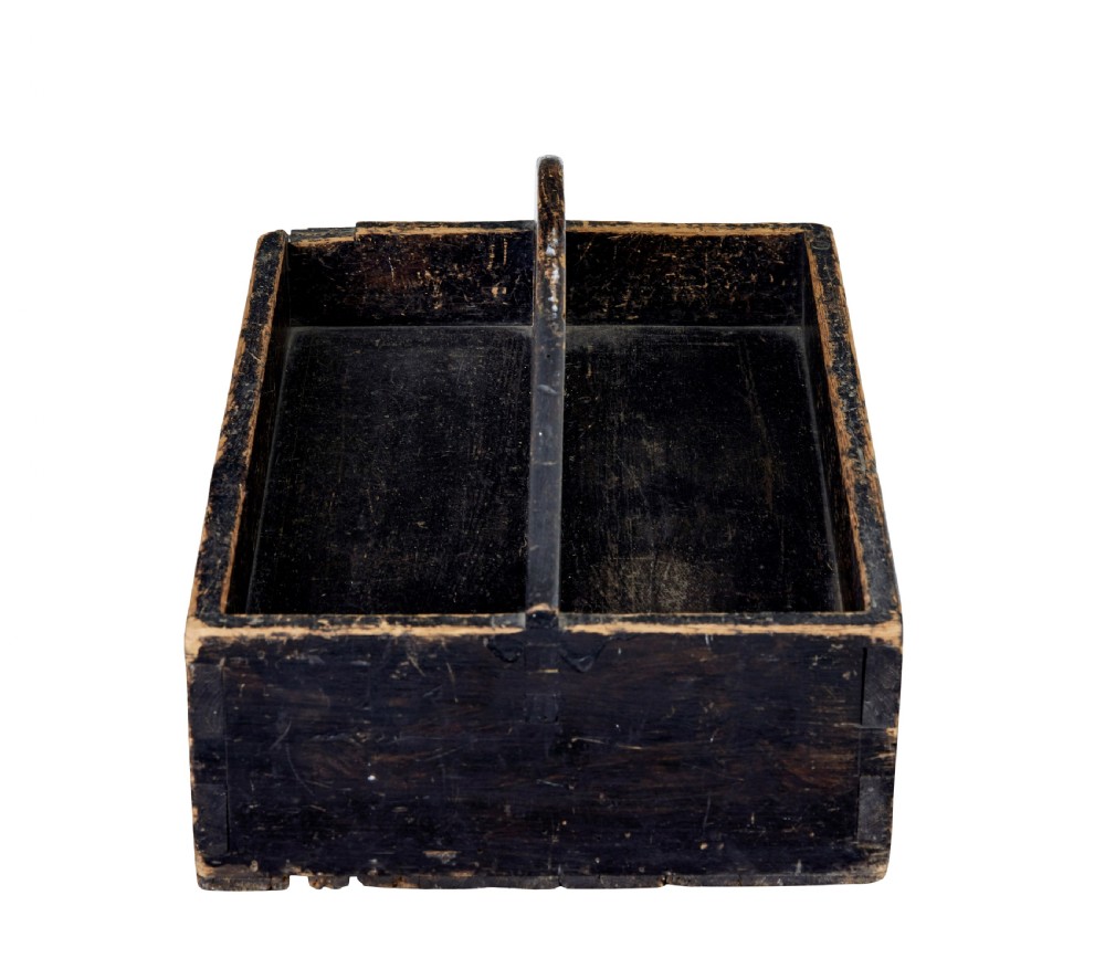A 19th-century black-painted pine cutlery box featuring a central cut-out carrying handle and two divided compartments. View IV
