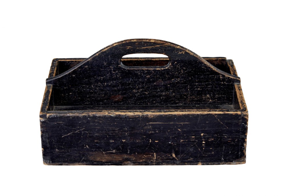 A 19th-century black-painted pine cutlery box featuring a central cut-out carrying handle and two divided compartments. View V