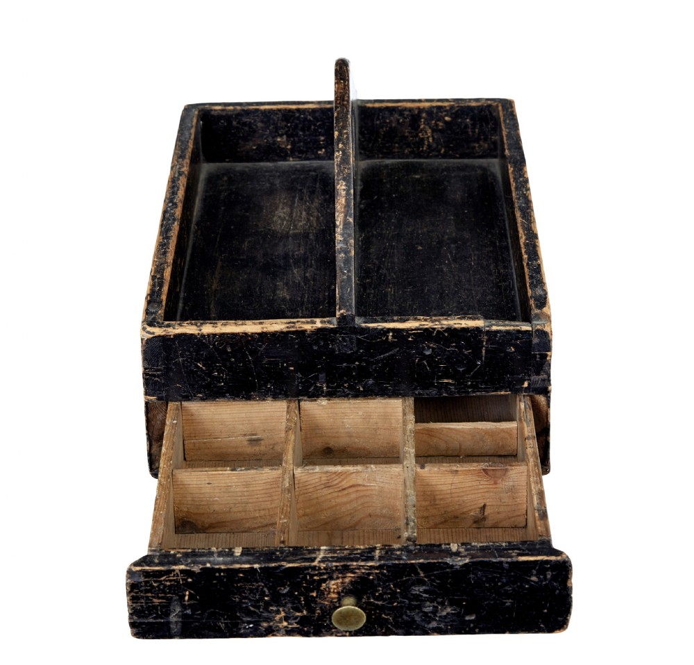 A 19th-century black-painted pine cutlery box featuring a central cut-out carrying handle and two divided compartments. View VI